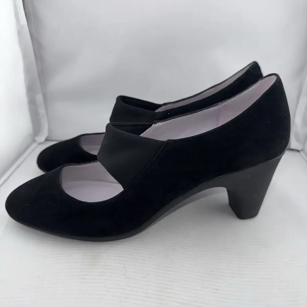 Johnston & Murphy Denise Mary Jane Black Suede Heels Size 10 Medium Comfort Work